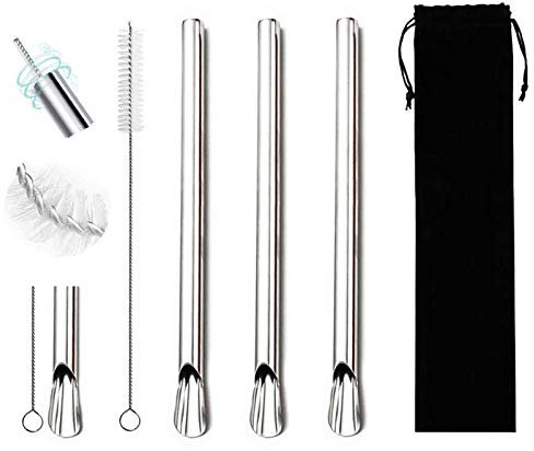 Extra Wide Reusable Stainless Steel Boba Drinking Straws Spoon Fat Straws Smoothie/Bubble Tea/Milkshakes Straws with Cleaning Brush & Carry Bag 12mm/0.5 Wide (Set of 3, Silver)