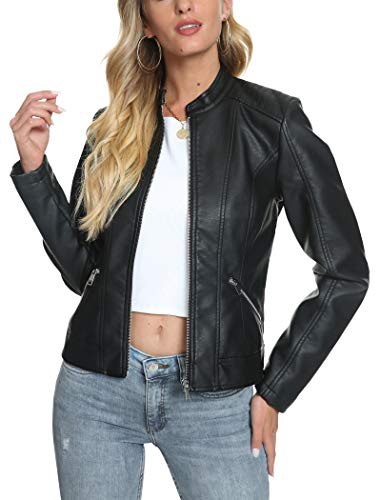 Fahsyee Giacca in Pelle con Cerniera da Donna, in Ecopelle PU, per Motociclista, Giacca da Biker, Nero scuro, Small