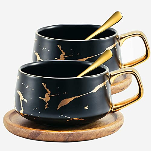 TELANKS Set di 2 Tazze per Cappuccino in Ceramica con Piattini, 320 ml Eleganti Tazze da Caffè da, Set di Tazze da Caffè Ceramica, Mantiene il Calore a Lungo, Nero