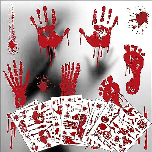 Halloween Decorations, 8 Sheet/95Pcs Bloody Handprint Footprint Wall Decal Floor Clings, Horror Handprint Home PVC Halloween Decoration Window Stickers