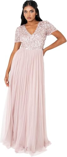 Damen Ballkleid Abendkleid V-Ausschnitt Maxi Länge Pailletten Kurze Ärmel für Hochzeit Geburtstag Brautjungfer