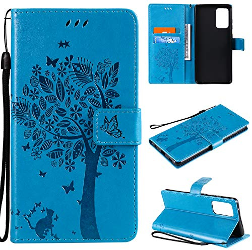 Fatcatparadise Kompatibel mit Samsung Galaxy A72 5G Hülle, Handyhülle Samsung A72 5G, Prägung Muster Schutzhülle PU Leder Wallet Case Klappbar Flip Hülle Brieftasche Ledertasche (Blau)