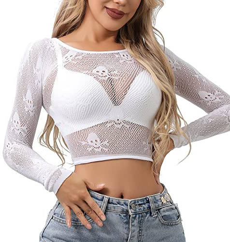 Buitifo Mujeres Sexy Crop Top Malla Ropa de Dormir Cráneo Festival Disfraz Lencería Camisetas(Blanco gtt,M)