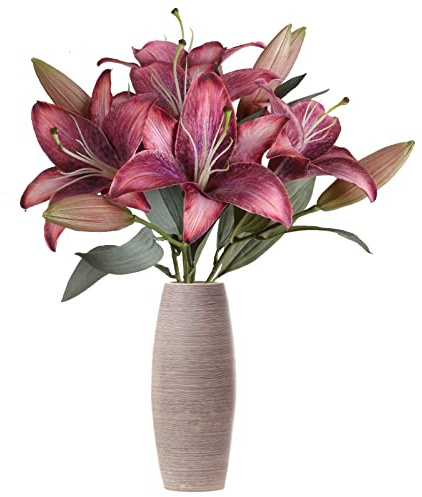 IPOPU Pink Artificial Lily Flowers 5PCS Hot Pink Silk Flowers Tiger Lily Faux Flowers Pink Flower Bulk Floral Arrangement Wedding Party Decor Home Decor