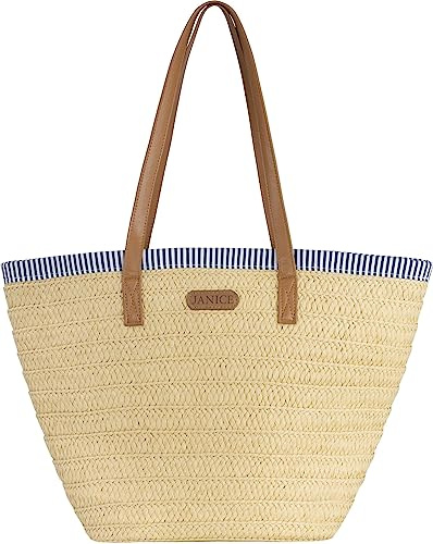 Sommertasche Damen Schultertasche mit Reißverschluss aus Stroh mit maritim Design und 10 Liter Volumen - Beach Bag Strandtasche natur 27x30x17 cm Farbe Beige