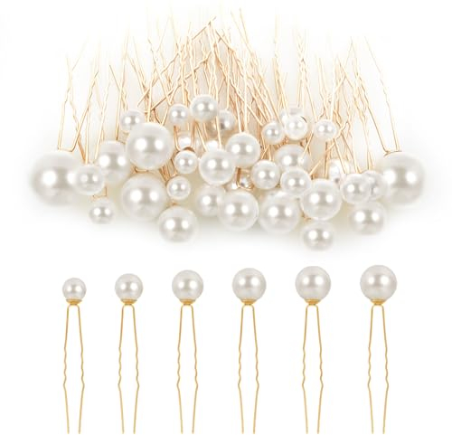 36 Stück Haarnadeln Perlen U Förmige Hochzeit Braut Faxu Perlen Haarspange Haarperle Elegante Haarschmuck Perlen für Haare Braut Brautjungfer Damen Mädchen Haarnadel Gold (6 Größen)