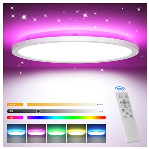 Tyreses Plafoniera LED Soffitto Dimmerabile, 24W RGB Plafoniere Lampada con Telecomando, Dimmerabile 3000K-6500K, Plafoniera LED Rotonda, per camere da letto, soggiorni, bagni e camerette, Ø30CM