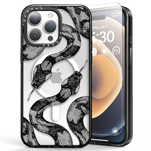 pcgaga Magnetic Case for iPhone 15 Pro Max 6.7 with Magsafe, Cute Embossed Pattern Clear PC Back Cover & Slim TPU Bumper, Screen Protector -360° Protection (Black Snake, for iPhone 15 Pro Max 6.7)