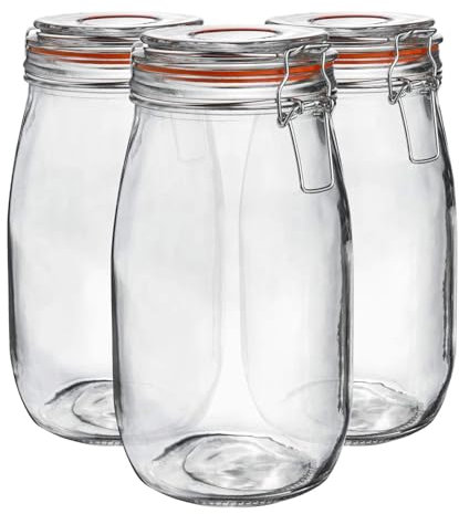 Neo Confezione da 3 barattoli in vetro Scandi con chiusura ermetica in silicone, coperchi con clip superiore in metallo, per cucina moderna (1,5 l)