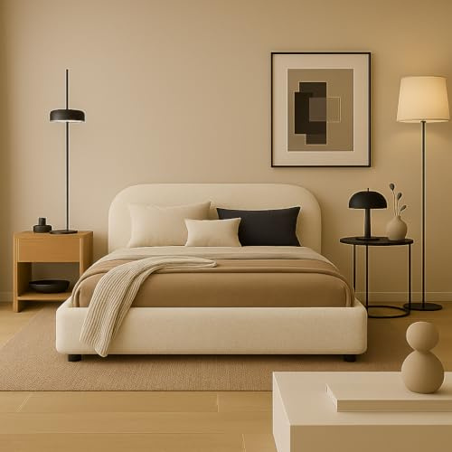 Sofello Moon Polsterbett mit Lattenrost aus Holz mit AUFHEBEN 90x200 120x200 140x200 160x200 180x200 200x200 (Quelle 02 - Creme, 120x200)