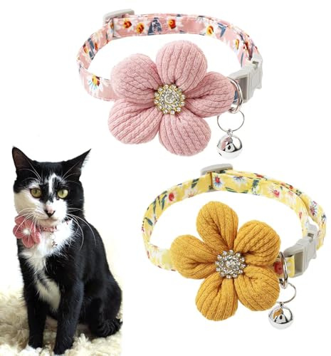 2 x Strass-Strick-Blumen-Katzenhalsband mit Glöckchen, verstellbare Katzenhalsbänder mit Schnellverschluss-Schnalle