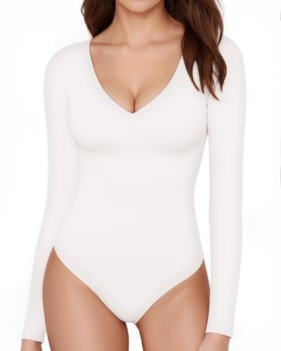 ALGALAROUND Langarm Body Damen V-ausschnitt Langarmbody Langarmshirt Tops für Damen Oberteile Elegant Sexy Pullover Bodysuit Oben Weiß S