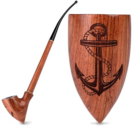 33 cm lång Churchwarden-rökpipa i päronträ med marinankare-gravyr | För 9 mm filter | Sammetspåse ingår | Endast för tobaksanvändning