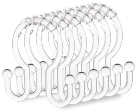 Resze Shower Curtain Hooks, 12 Pcs Clear Shower Curtain Rings, Plastic Glide Roller Shower Hooks, Rust Proof Anti-Drop Shower Rings, Smooth Sliding Double Hooks for Bathroom Shower Rods Curtains