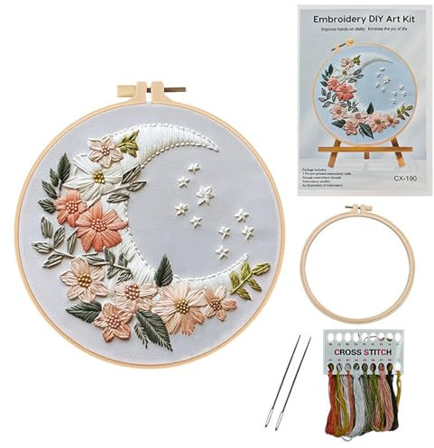 DiiWmme Beginner Embroidery Kit for Adults and Kids, Complete Starter Set with Step-by-Step Instructions, Hoop, Threads and Patterns to Learn Easy DIY Embroidery for the First Time (Moon Flower)