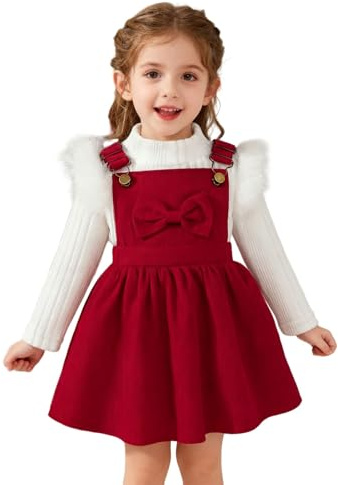 Achimlt Vestito Natale Bambina Abito Natale Neonata 2 Pezzi Elegante Maglia a Maniche Lunghe e Bretelle Staccabili Fiocco Gonna per Feste 12 Mesi a 5 Anni Natalizi Regalo (01-Rosso, 18-24 Mesi)