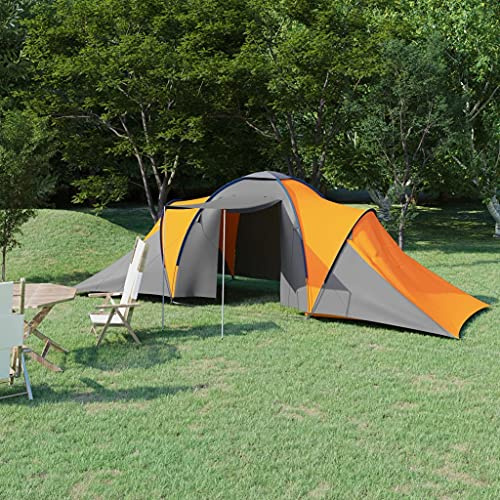 Large Camping Tent for 6 Persons in Grey and Orange, 2 Compartments with Breathable Inner Wall and PE Floor Film, Includes 2 Rods for Awning and Carrying Bag, Easy Setup