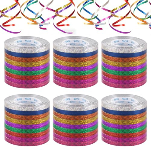 ASelected 54 Rolls of Holographic Streamers, 9 Colours, Laser Streamers Set (5 mm x 10 m), Glittering Decoration for Birthday, Wedding, Carnival Party, Plastic Streamers, Colourful