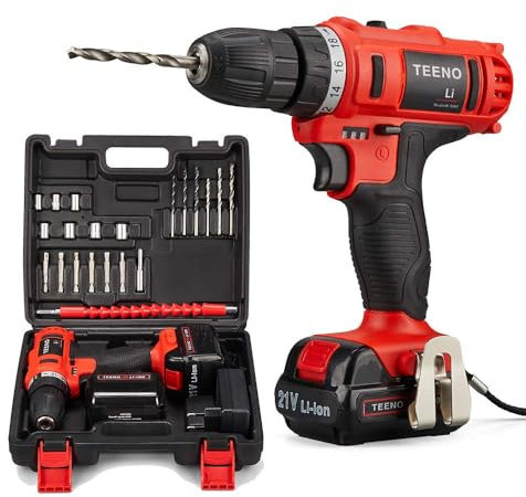 TEENO Akku-Bohrschrauber 21 V, 2 Geschwindigkeiten Akku-Bohrmaschine, 1 Lithium-Akkus 1,5 Ah, Schnellladung in 1 Stunde, 20 Zubehörteile enthalten (mit 2 Batterie)