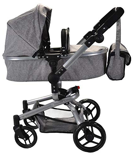 Bandits & Angels Puppenwagen Grau Modern Angel 2in1 Grau ab 3 Jahren – Puppenwagen – Für Mädchen – Verstellbare Schiebestange 48-81 cm – Komplett zusammenklappbar – Mit Einkaufskorb