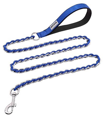 Chain Dog Leash Chew Proof Metal Leash for Medium Large Dogs, Chain Link Dog Anti Chew 5.2FT / 4FT Strong Anti Bite Comfortable Soft Padded Handle (Blue, 4FT(30-80lb)