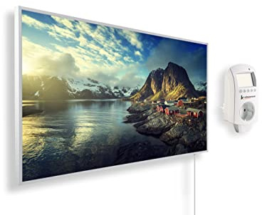 Könighaus Panorama Bildheizung 450 Watt - Smart Thermostat - 5-12 m² | App, weißer Rahmen, Motiv: 06. Aussicht Norwegen, TÜV SÜD, Infrarot Wandheizung
