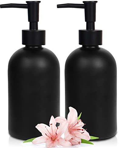 2 Pack Glass Soap Dispensers, 410 ML/14.5oz Pump Bottle Dispenser, Refillable Hand Soap Dispenser Bottle for Kitchen, Bathroom, Laundry Room (2 PCS Black) | Refillable Hand Soap Dispenser Bottle wiht Rustproof Plastic Pump Head for Kitchen, Bathroom, Laundry Room Daily Use