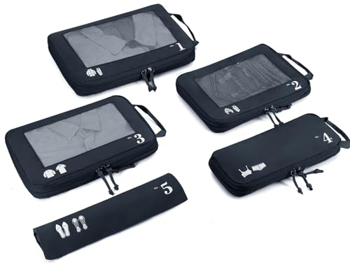 ECOHUB 5 set kompressionsförpackningskuber för resväskor, organiseringsväskor, resetillbehör med skoväska, rivbeständiga resekuber med ID-bricka, expanderbara packväskor(Mörkblå)