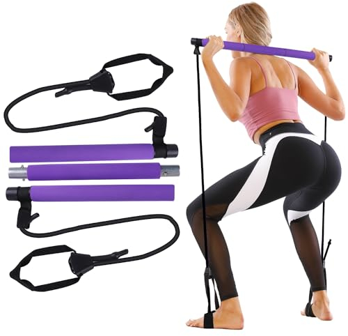 GLKEBY Kit de Barra de Pilates con Resistencia Ajustable y Palo de Ejercicio portátil para Pilates, Adecuado para Estiramiento, Yoga, Modelado, Entrenamiento, Abdominales y pérdida de Peso,Purple