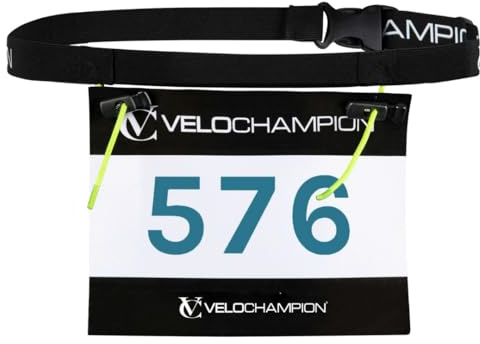 VeloChampion Cinturón De Running Ligero para Hombre Y Mujer - Porta Dorsal Elástico con Ajuste Stretch - Sin Imperdibles - Running. Triatlón. Ciclismo. Maratón. (1, L/XL, Negro)