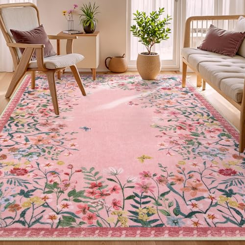 Wonnitar Washable Rug, 5x7 Pink Rugs for Living Room, Floral Print Non-Slip Area Rugs for Bedroom Girls, Soft Large Throw Carpet for Kids Nursery Room (Pink,5'x7')