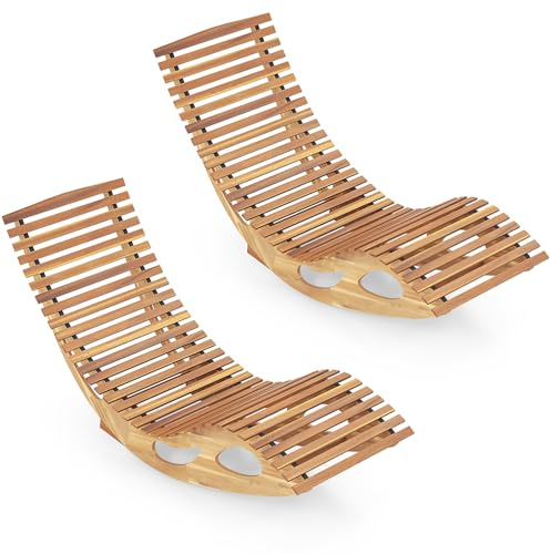 Tangkula Outdoor Chaise Lounge Chair Set of 2, Acacia Wood Rocking Sun Lounger with Slatted Backrest and Seat, Wooden Rocker Lounge Chair for Patio, Garden and Poolside