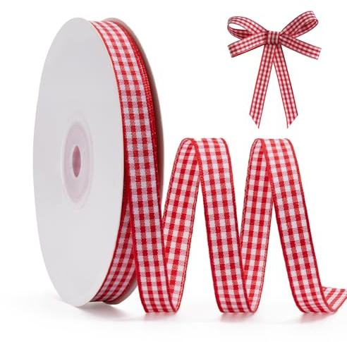 FAKILO Cinta Vichy a Cuadros Rojo y Blanco - 10mm x 22m, Cinta de Satén Tartán para Regalos, Bodas, Navidad, DIY, Hacer Lazos, Decoración del Hogar y Accesorios para el Pelo