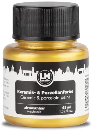 LM-Kreativ Metallic Gold Keramik- & Porzellanfarbe 45 ml - Spülmaschinenfest, Wasserfest, Lichtecht, Hitzebeständig - Ideal für Tassen, Teller, Dekoration