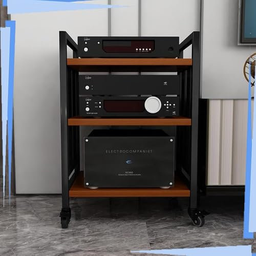 IMUNKT 3/4 Ebenen Audio Rack HiFi Regal Stereoschrank Aus Holz & Stahl Audio-Tower Beweglicher Medienständer CD-Player-Ständer Eck-Aufbewahrungsschrank(Teak,3 Tier-73cm high)