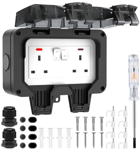 Outdoor Socket Waterproof IP66 Outside Double Plug Socket Weatherproof Wall Electrical Outlet 13Amp 2 Gang Storm Switched Power Box External Plug Extension with Lockable Cover