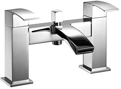 VeeBath Tidal Square Bath Shower Mixer Tap with Kit – Chrome Finish, Dual Lever, Modern Bath Tap with Square Showerhead, Deck Mounted, Contemporary Design for Bathroom Taps