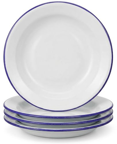 UKCOCO 4 Pcs Small Enamel Plates, 6.3 Inch/16cm Retro White with Blue Rim Lightweight Side Dishes for Snack Dessert Picnic Camping RV