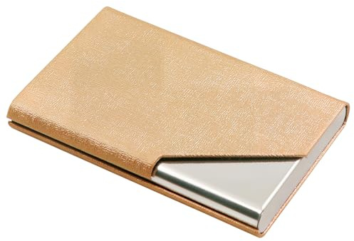 MYRLOFT Business Card Holder, PU Leather & Stainless Steel Business Card Case for Women and Men With Magnetic Buckle (Gold)