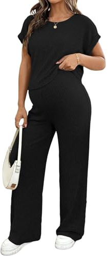 BLENCOT Maternity Clothes Ribbed Knit Lounge Set Short Sleeve Top and Long Pants Maternity Sleepwear Pajamas Sets Two Piece Matching Outfits Set Black 2XL
