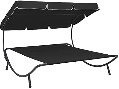Frdhee Liegestuhl Wohnzimmer Terrassenstühle,Sonnenliege mit Sonnendach Schwarz,Hochlehner Gartenstuhl für Garten,Pool,Terrasse