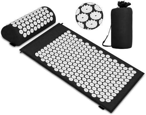 Acupressure Set, Acupressure Mat with Pillow for Soothing Relaxation and Massage, Relief from Back Pain, Headaches, Neck Pain, Stress at Home, in the Office, or While Traveling (Schwarz)