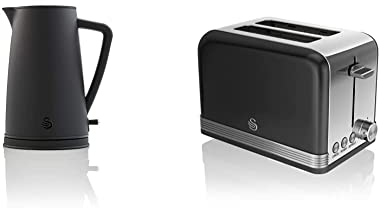 Swan Stealth 1.7 Litre Kettle, Matte Black, Rapid Boil, Streamlined Design, SK14640BLKN & 2 Slice Retro Toaster, Black, Defrost, Cancel and Reheat Functions, Slide Out Crumb Tray, ST19010BN