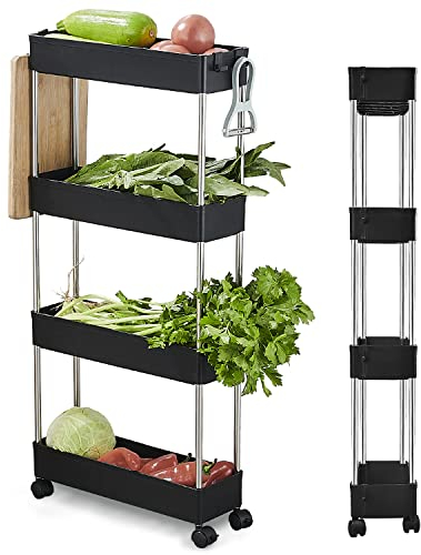 Wopeite Carrito Auxiliar con Ruedas Cocina, Carro de Almacenamiento Rodante de 4 Niveles, Multifuncional Organizador Carrito Cocina para baño, lavadero, Espacio Estrecho, Plástico, 40 x 13 x 86 cm