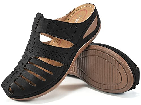 HARENCE Clogs for Women Mules Shoes: Comfortable Dressy Closed Toe Platform Sandals 2026 Summer Casual Adjustable Slip On Walking Wedges Black