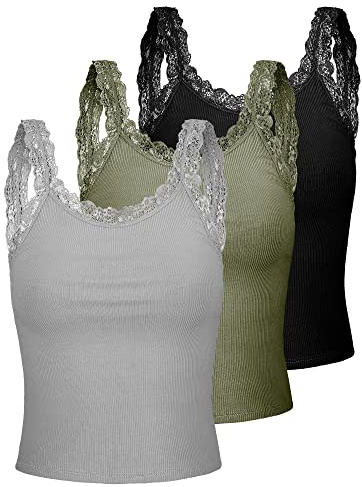 Sintege 3 Débardeurs en Dentelle pour Femme Camisoles Courtes sans Manches à Bretelles en Dentelle y2k (Gris, Vert Armée, Noir, M)