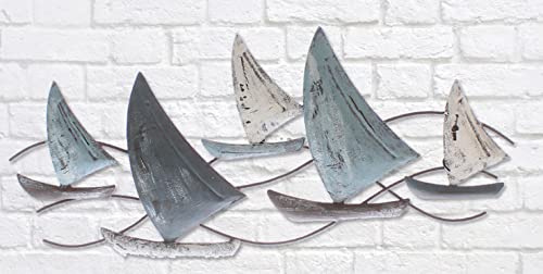 ETC dekorative Wanddeko maritimes Wandobjekt aus Metall Motiv Segelboote grau-weiß-blau shabby Optik