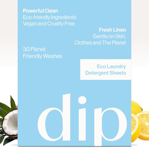 Dip Eco-Friendly Laundry Sheets Detergent | Plant Based, Plastic Free & Zero Waste | Perfect for Sensitive Skin | Travel Washing Detergent Sheets | 30 Sheets