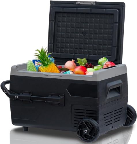 SMETA Elektrische Kompressor Kühlbox, Auto Kühlschrank 50 Liter, 12V/24 V DC 230 V AC, Mini Kühlschrank für Auto LKW Boot Wohnmobil, tragbar, mit Rädern und Griffen, mit DC-Kabel