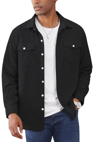 EKLENTSON Chaqueta Hombres Transpirable Cómodo Chaqueta Acanalada Humedad Wicking Botón Arriba Camisa Chaqueta Negro L